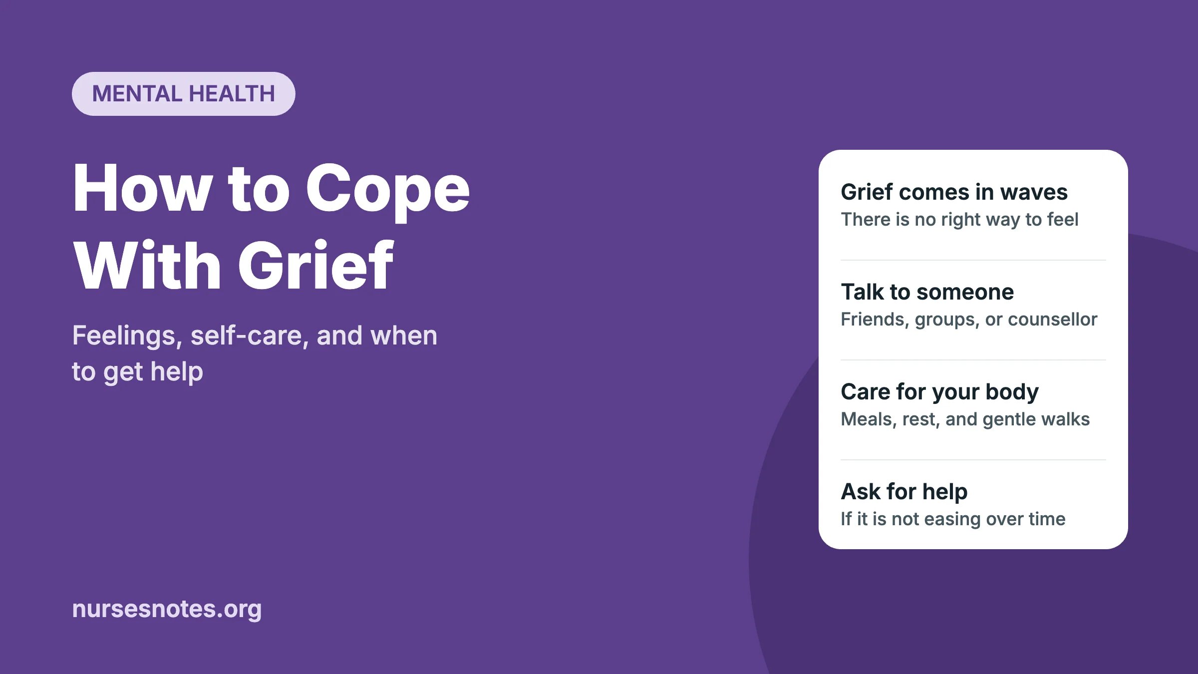 How to cope with grief graphic with self-care and help-seeking tips