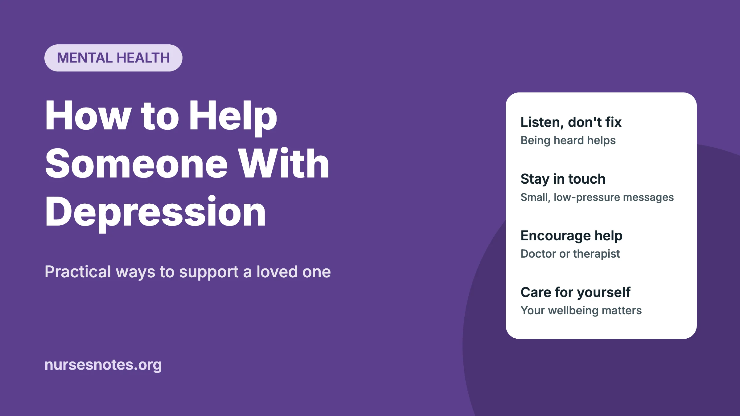 How to help someone with depression graphic: listen, stay in touch, encourage help, and care for yourself