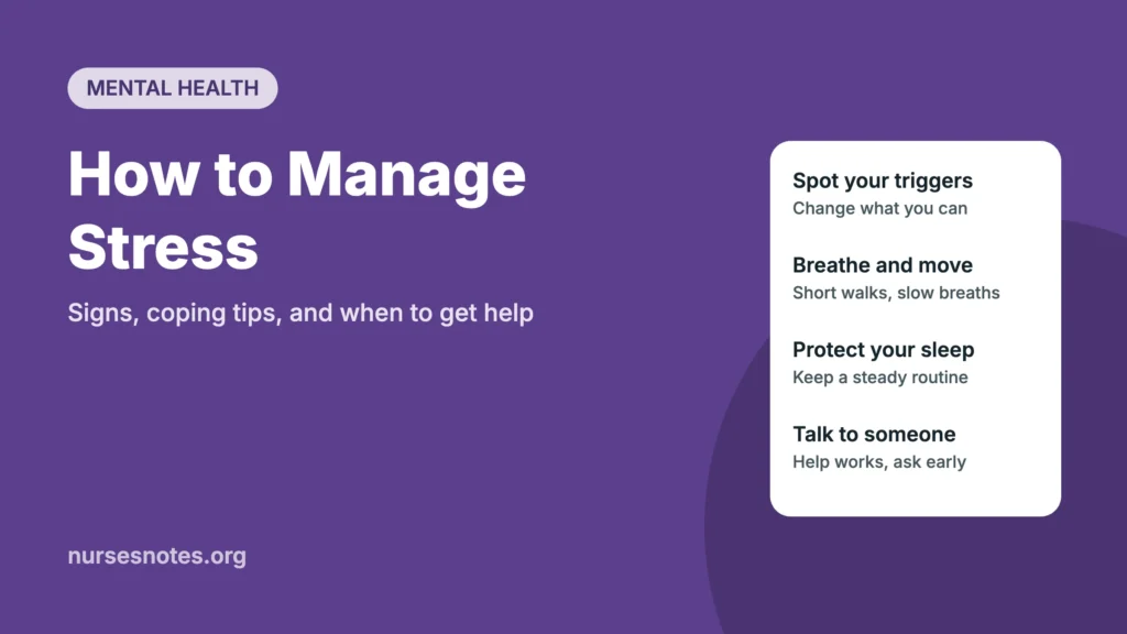 How to manage stress infographic with tips on triggers, breathing, sleep, and talking to someone