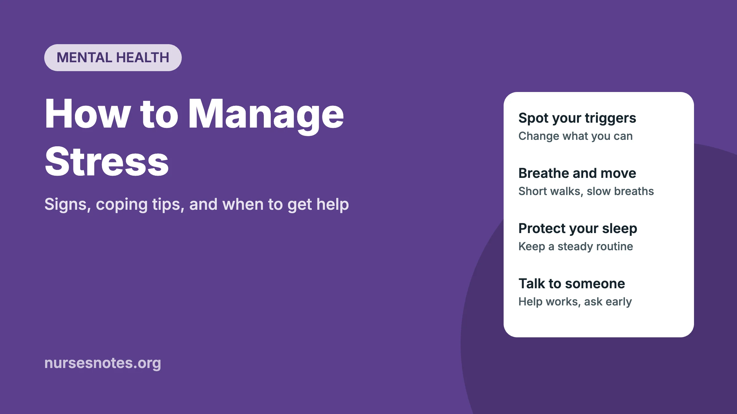 How to manage stress infographic with tips on triggers, breathing, sleep, and talking to someone