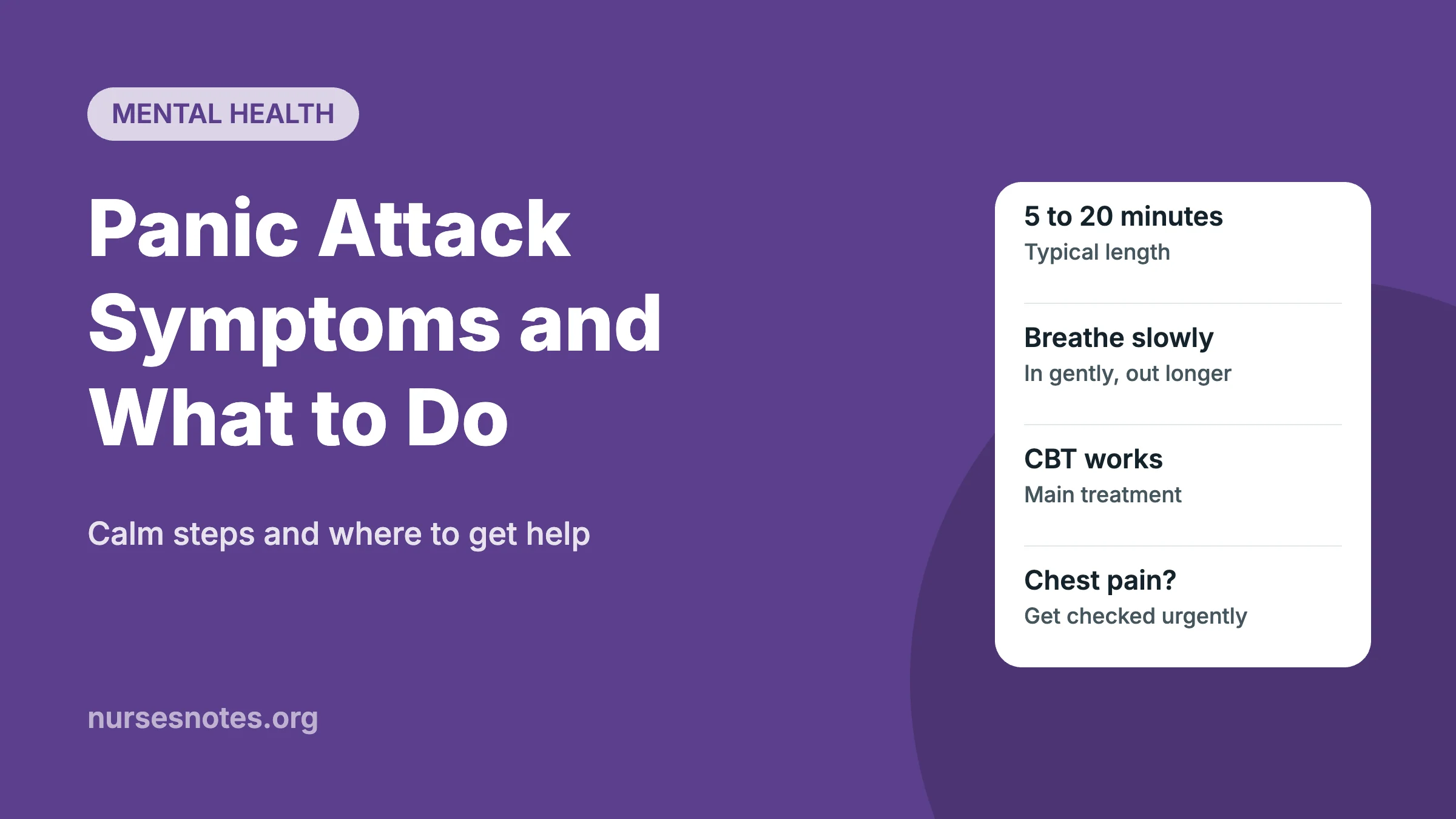 Panic attack symptoms and what to do: typical length, slow breathing, CBT and chest pain warning