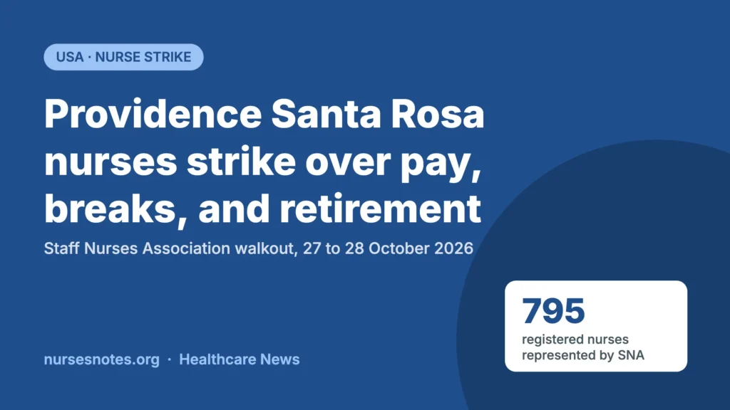 Providence Santa Rosa nurses strike graphic: 795 registered nurses walk out over pay, breaks, and retirement