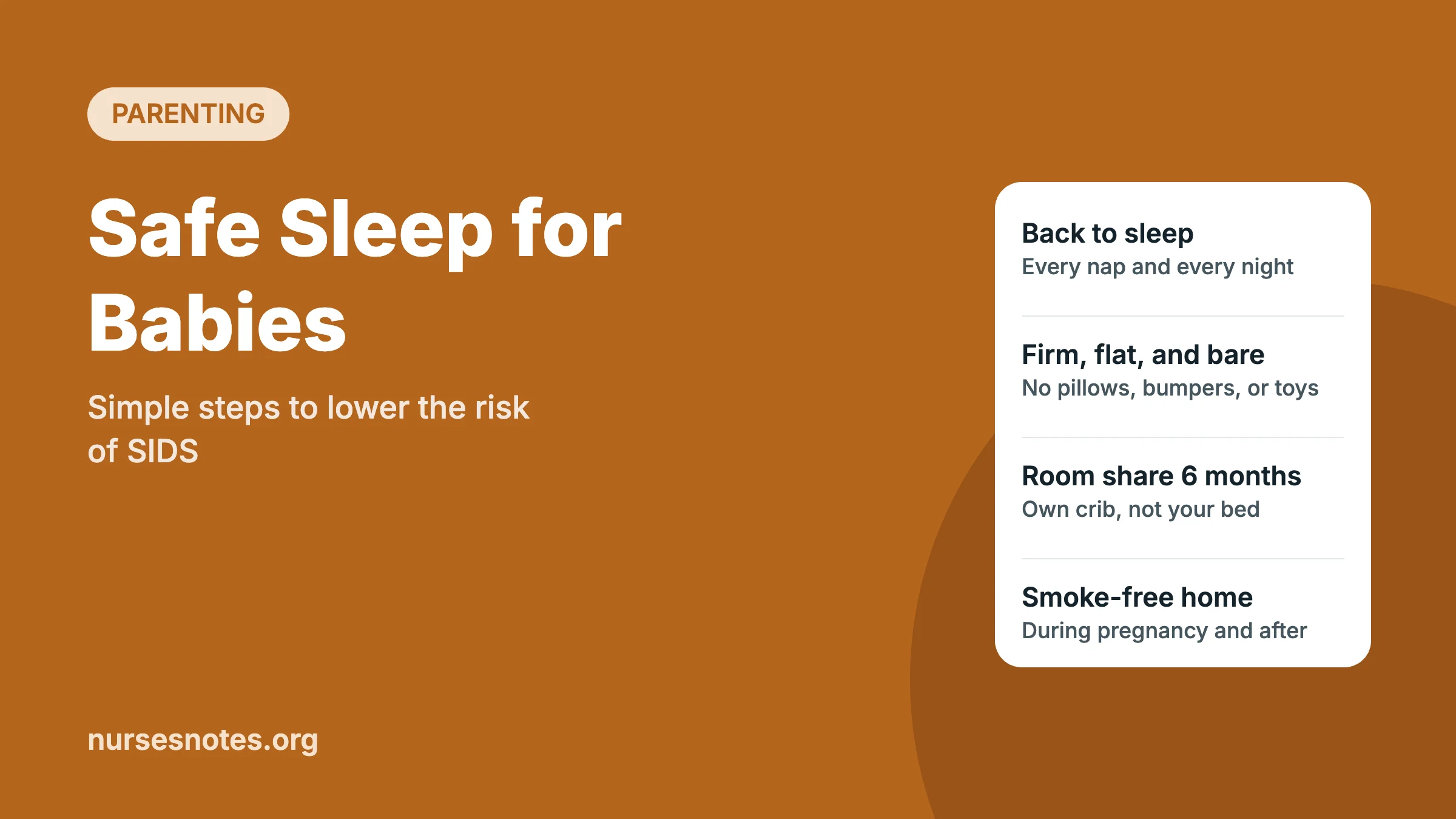 Safe sleep for babies graphic: back to sleep, bare crib, and room sharing