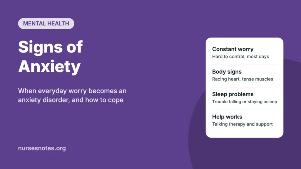 Signs of anxiety graphic listing constant worry, physical symptoms, sleep problems, and getting help