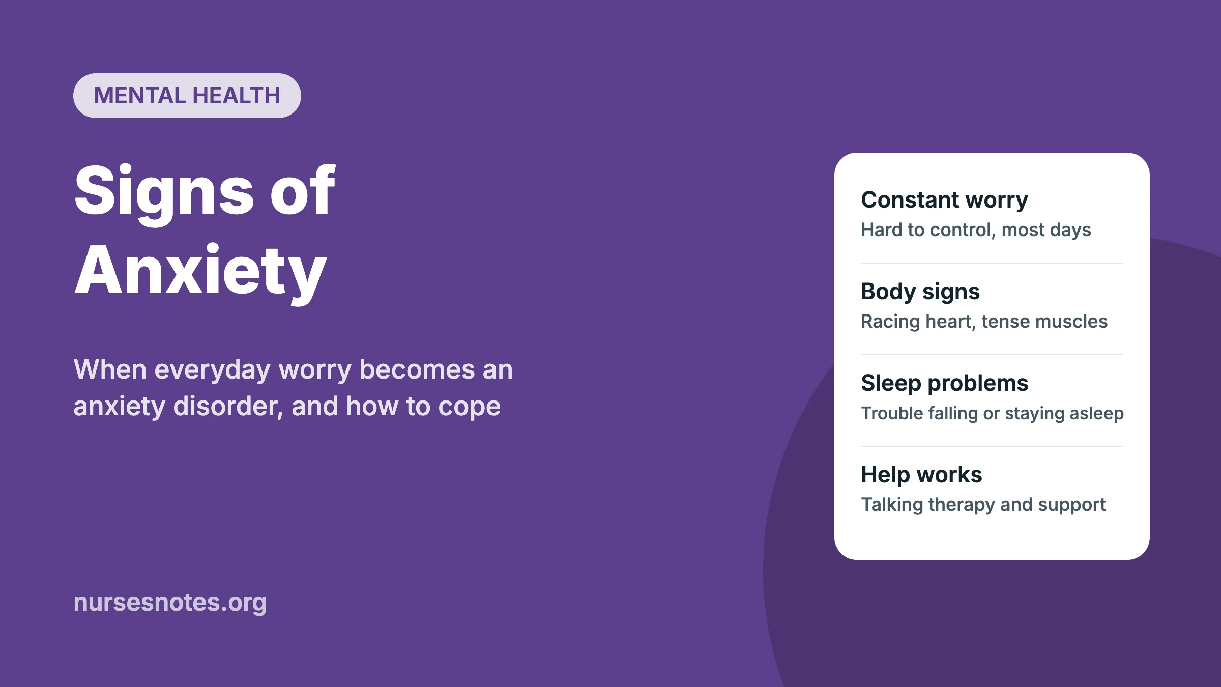 Signs of anxiety graphic listing constant worry, physical symptoms, sleep problems, and getting help