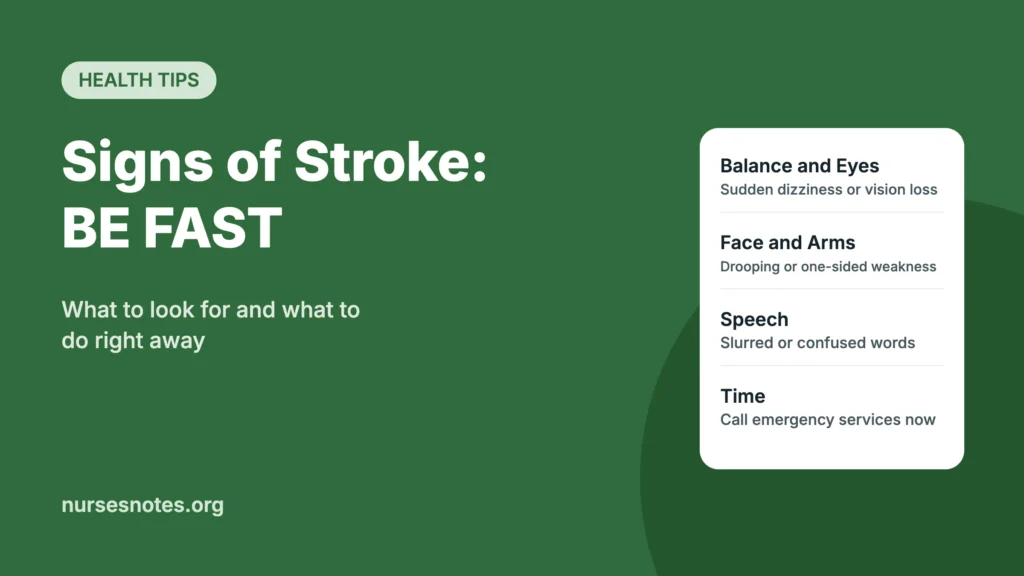 Signs of stroke featured image explaining the BE FAST test: balance, eyes, face, arms, speech, and time