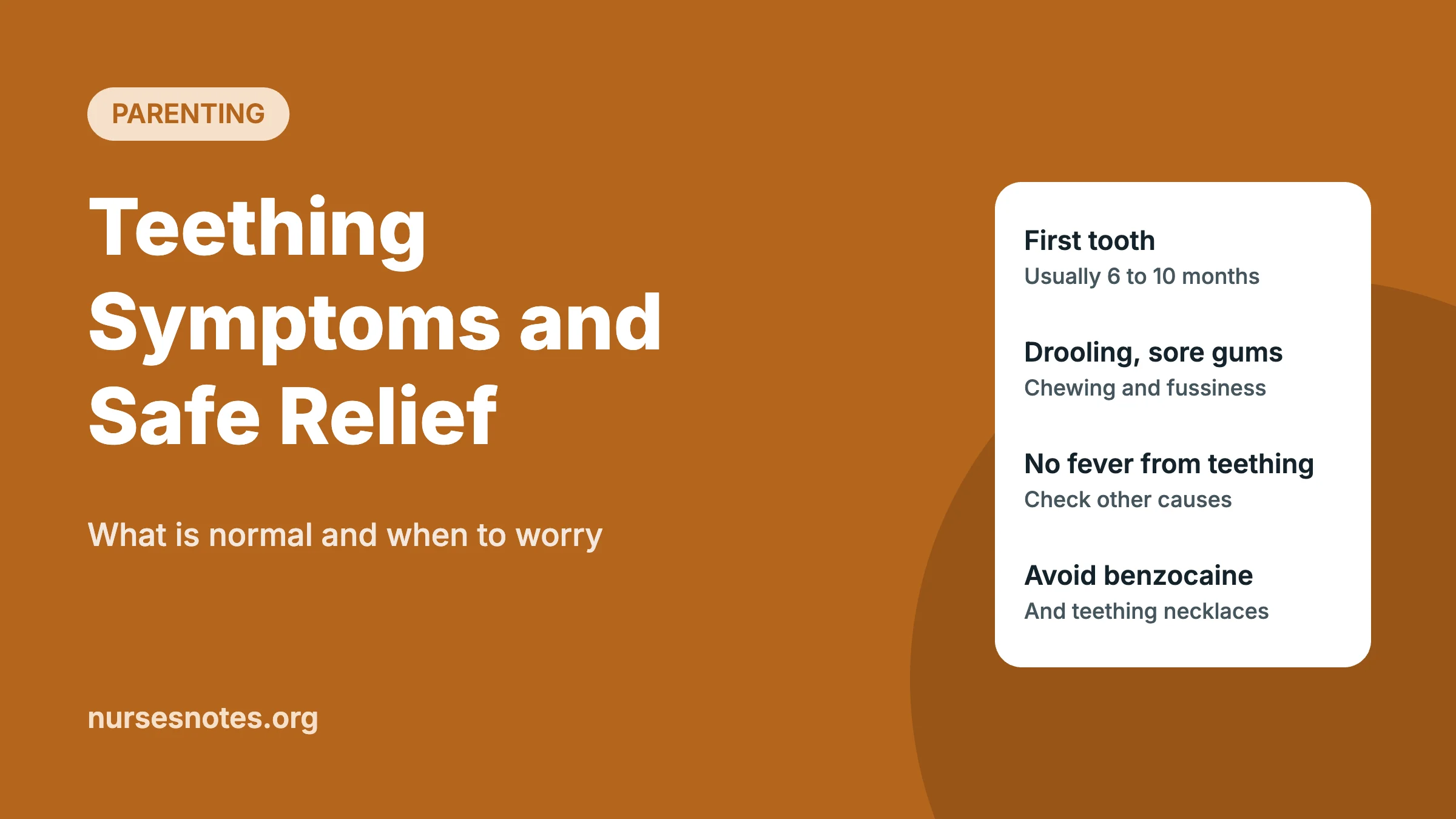Teething symptoms graphic listing drooling, sore gums, chewing, and safe relief tips for babies