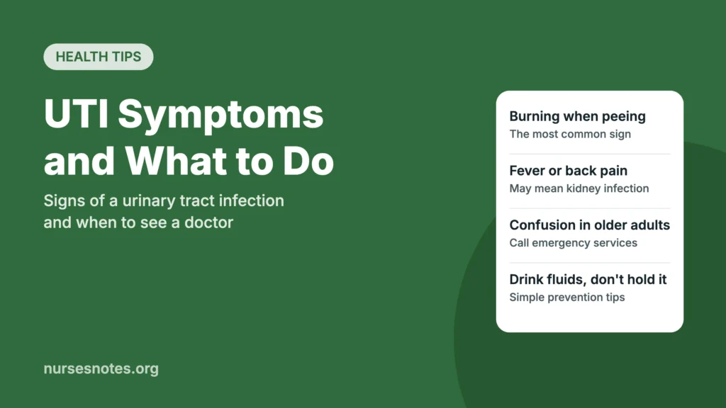 UTI symptoms featured image listing burning when peeing, fever or back pain, and prevention tips